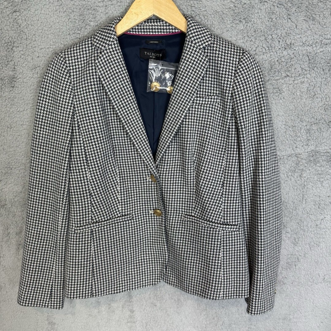 Talbots Jacket Womens 4P Black White Herringbone Blazer Office Academia Aberdeen