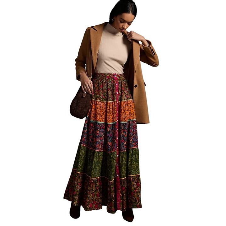 Farm Rio Tiered Button Front Maxi Skirt Womens Sz M Pockets Floral Boho Prairie