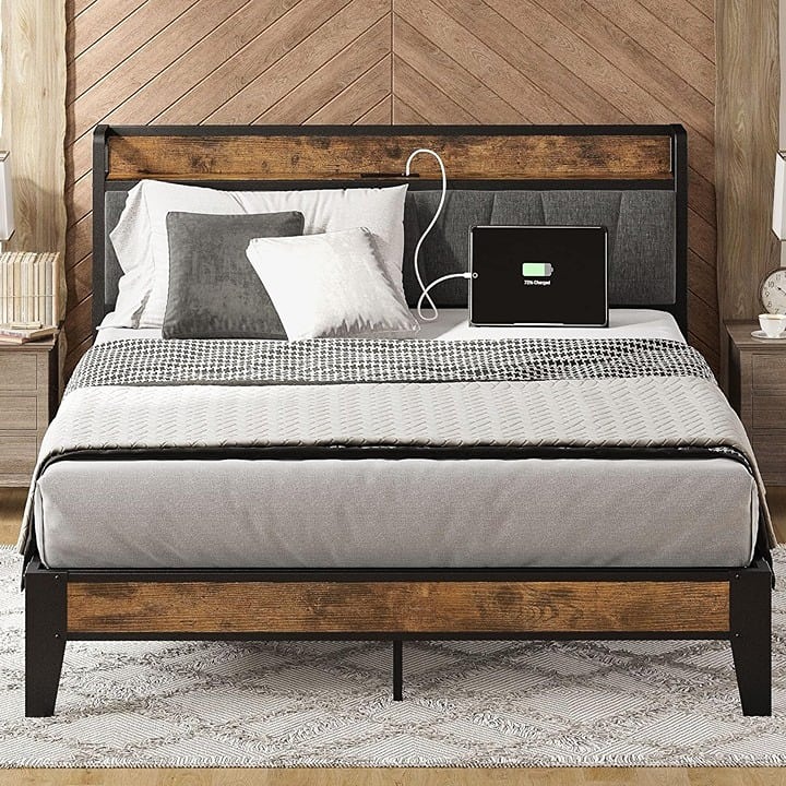 Queen Bed Frame, Storage Headboard w/ Charging Station (Free Shipping)
