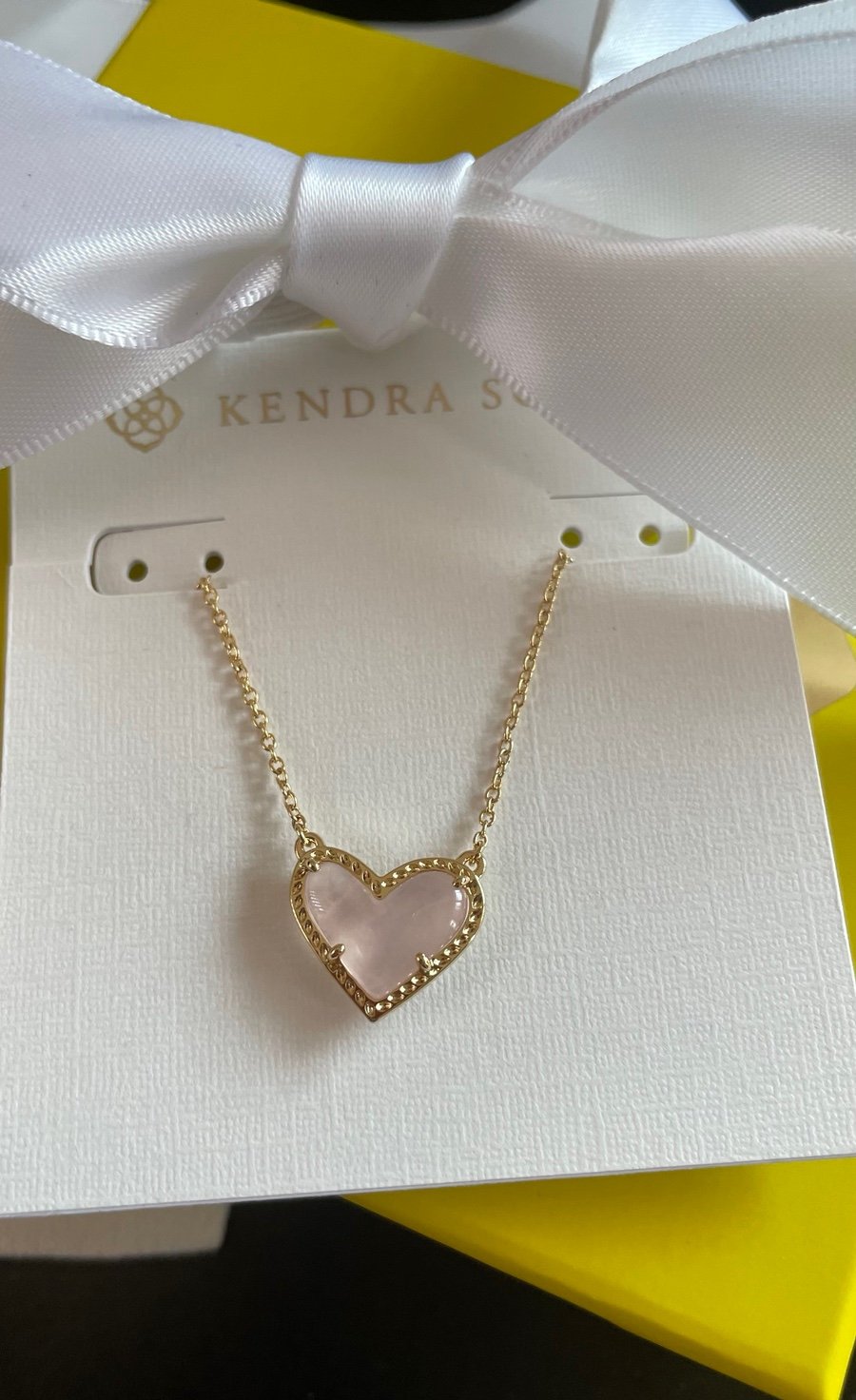 NWT Kendra Scott 14K Rose Quartz Heart Pendant Necklace w/KS Box, Bag & Bow