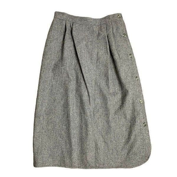Vintage 80s Wool Pleated Front Midi Skirt S Grey A Line Button Down