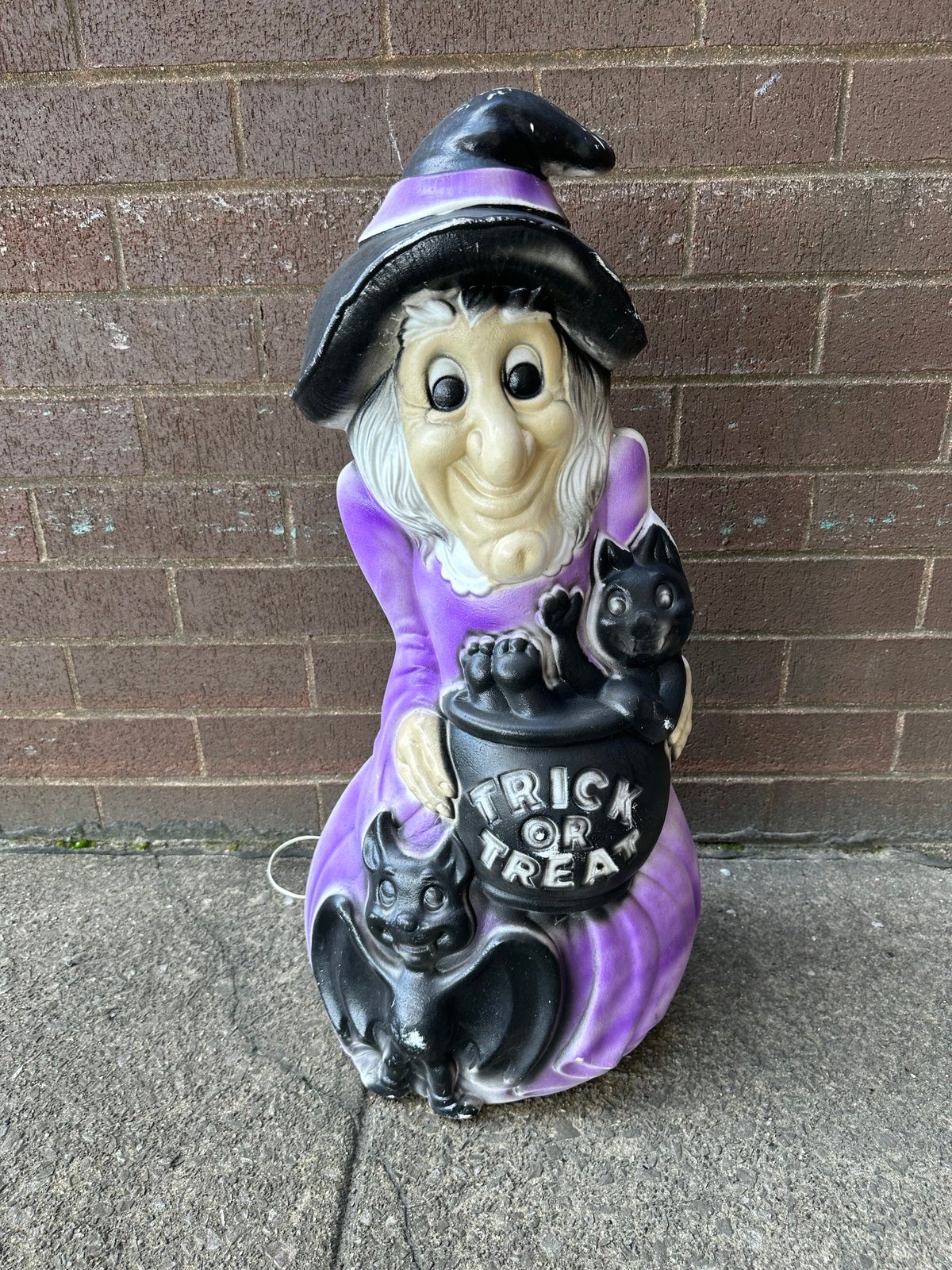 Vintage Halloween blow mold Purple Witch with Black Cat & Bat