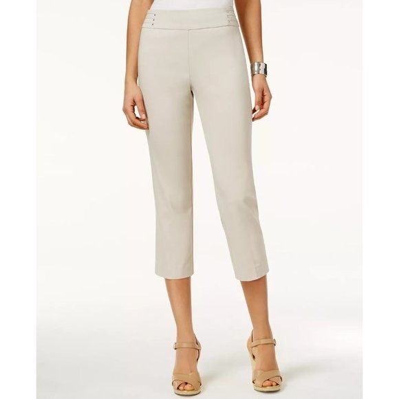 JM Collection Womens Petite PL Rivet-Detail Tummy Control Capri Pants Stonewall