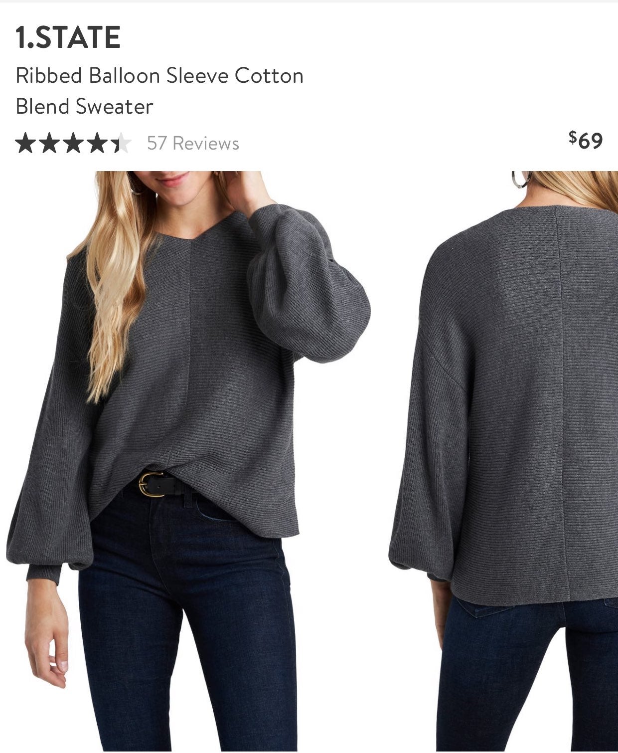 1.State Ribbed Balloon Sleeve Sweater