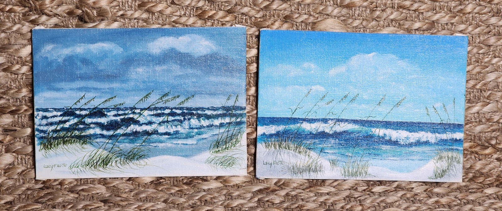 Lot Of 2 Original Small 5x7 Watercolor Beach Scene Canvas Art Signed Lucy Foote
