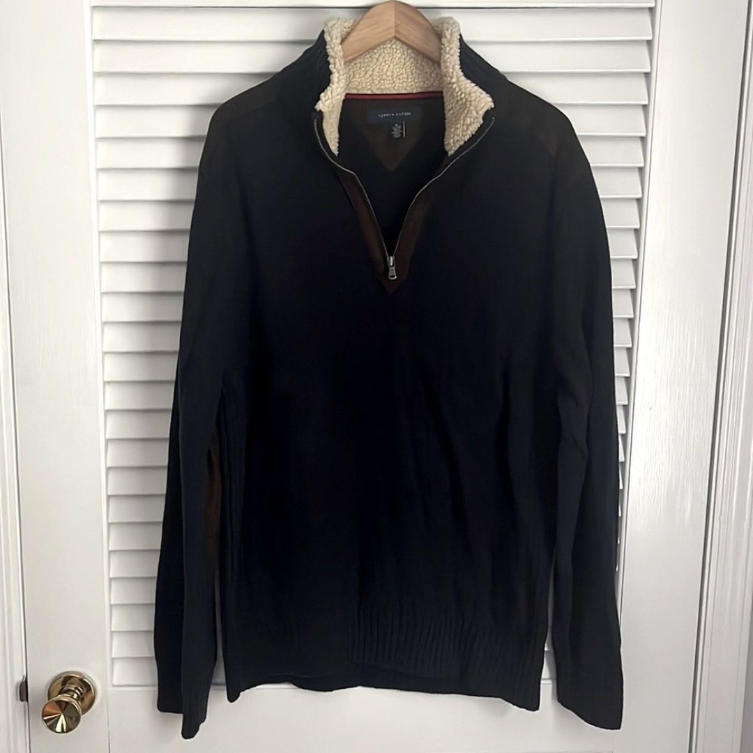Mens Tommy Hilfiger 2000’s 1/2 zip cotton sweater sherpa collar poly suede patch