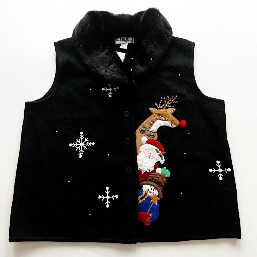 Christmas Sweater Vest Boiled Wool Santa Reindeer Removable Collar NOS Sz 1X
