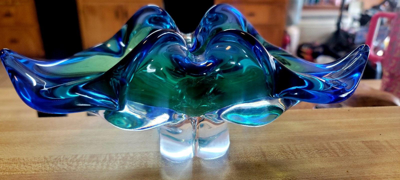 Vintage Amazing Hand Made Blue Green BOHEMIA Glass Bowl/Vase, Czech Republic