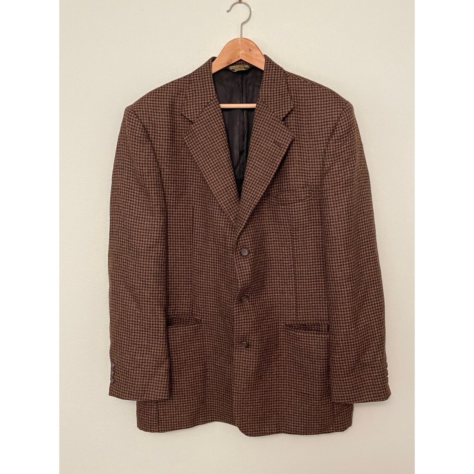 Vintage Private Line Mens Sport Coat 42L Brown Houndstooth Plaid Alpaca Preppy