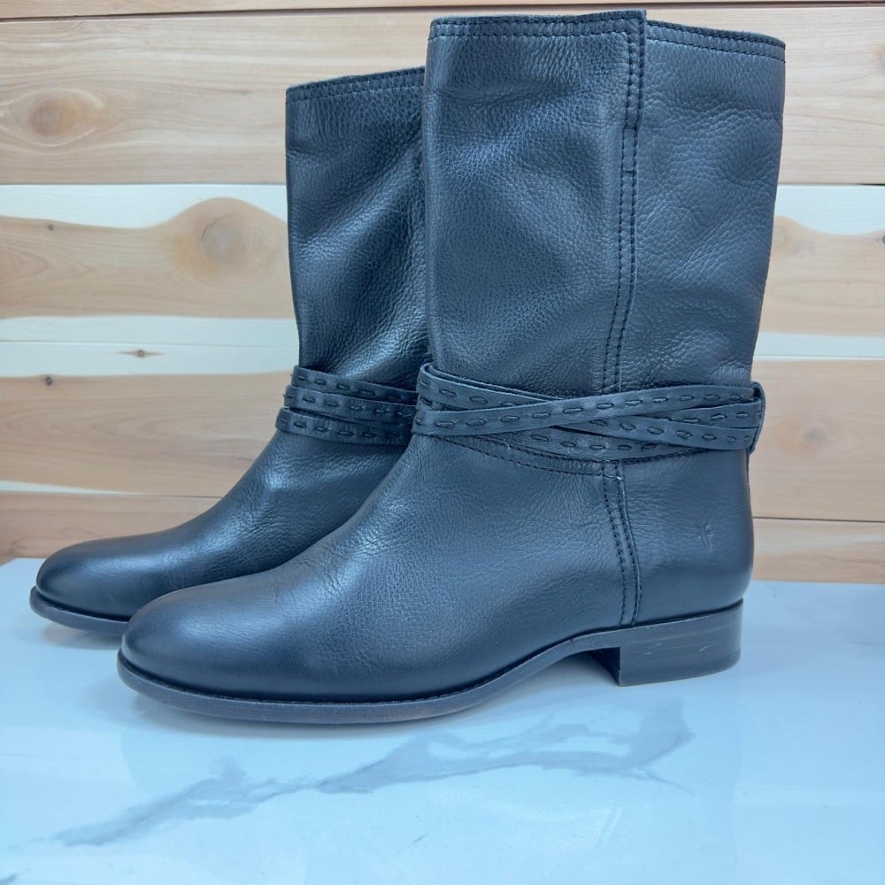 Frye Leather Mid Calf Boots Black Western Moto Ankle Straps Women's Size 9B