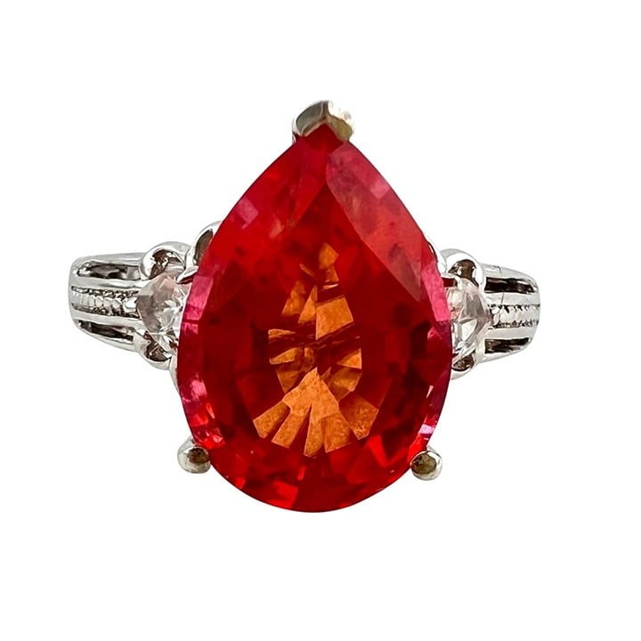 Rhodium Plated Sterling Silver Salmon Colored Quartz & Topaz Ring Size 7.25 NWT