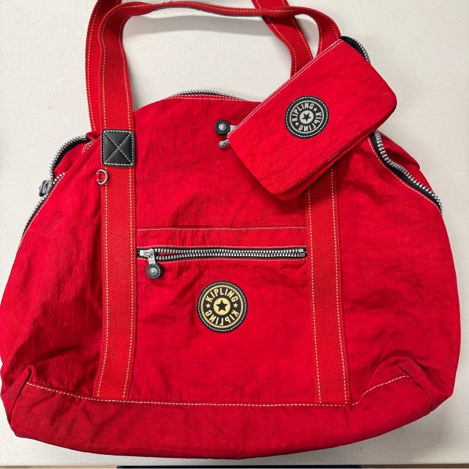 Kipling Red Canvas Duffle Bag Travel w/ Wallet Pouch Womens Weekender Boston