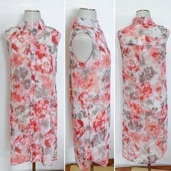 Vince Camuto Boho Printed Sheer Sleeveless Button Down XS NWT
