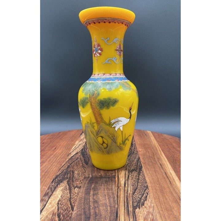 Vintage and Rare Chinese Peking Glass Enamel Vase, Trees, Birds Imperial Yellow