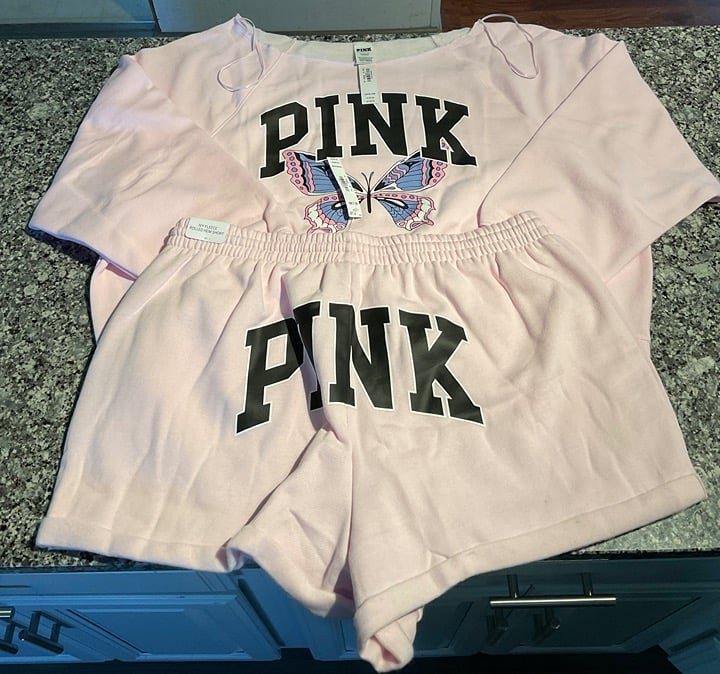 NEW XL VS PINK LIMITED EDITION PINK TULIP BUTTERFLY OFF THE SHOULDER & SHORTS