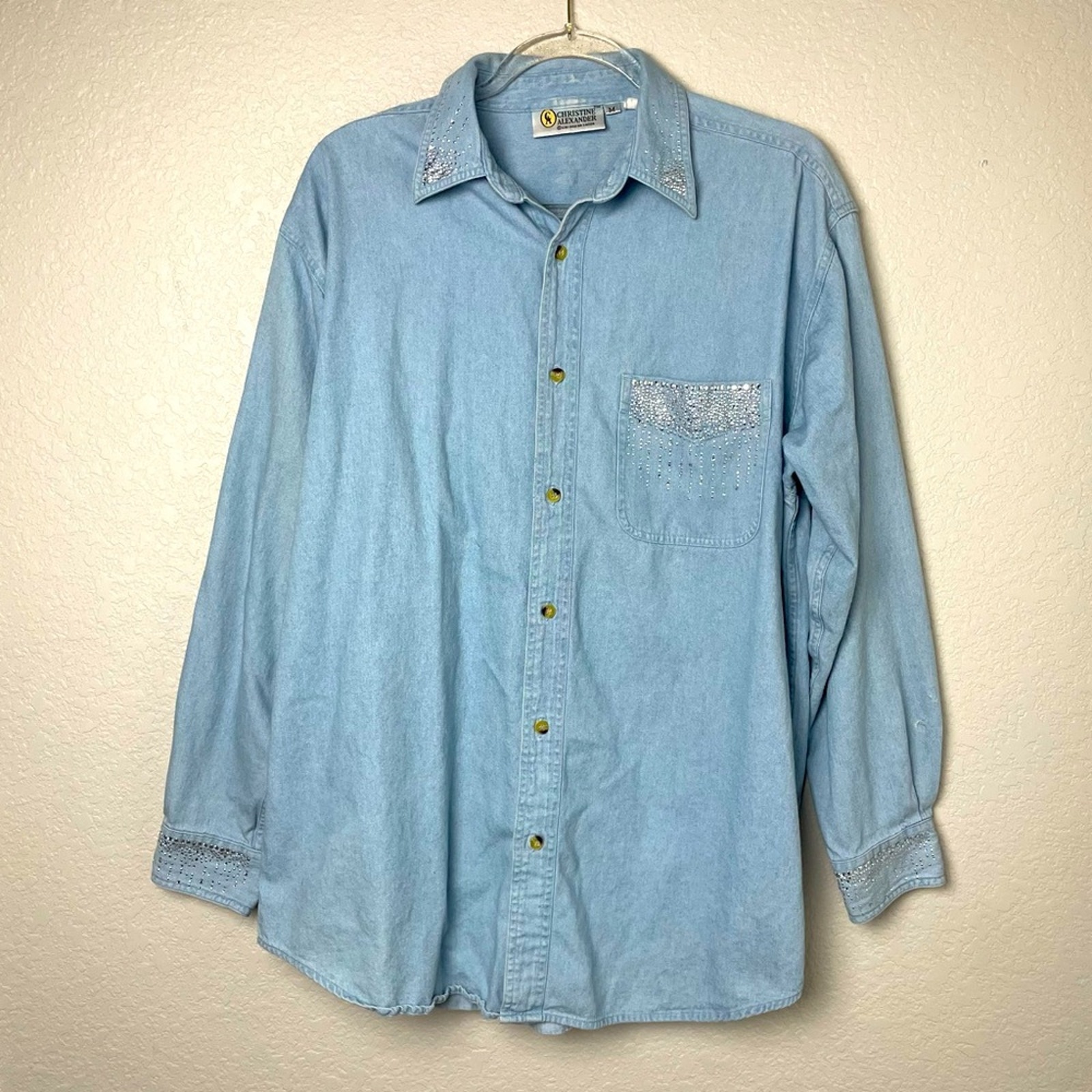 CHRISTINE ALEXANDER Vintage Oversized Denim Button Down w/Rhinestones Size M