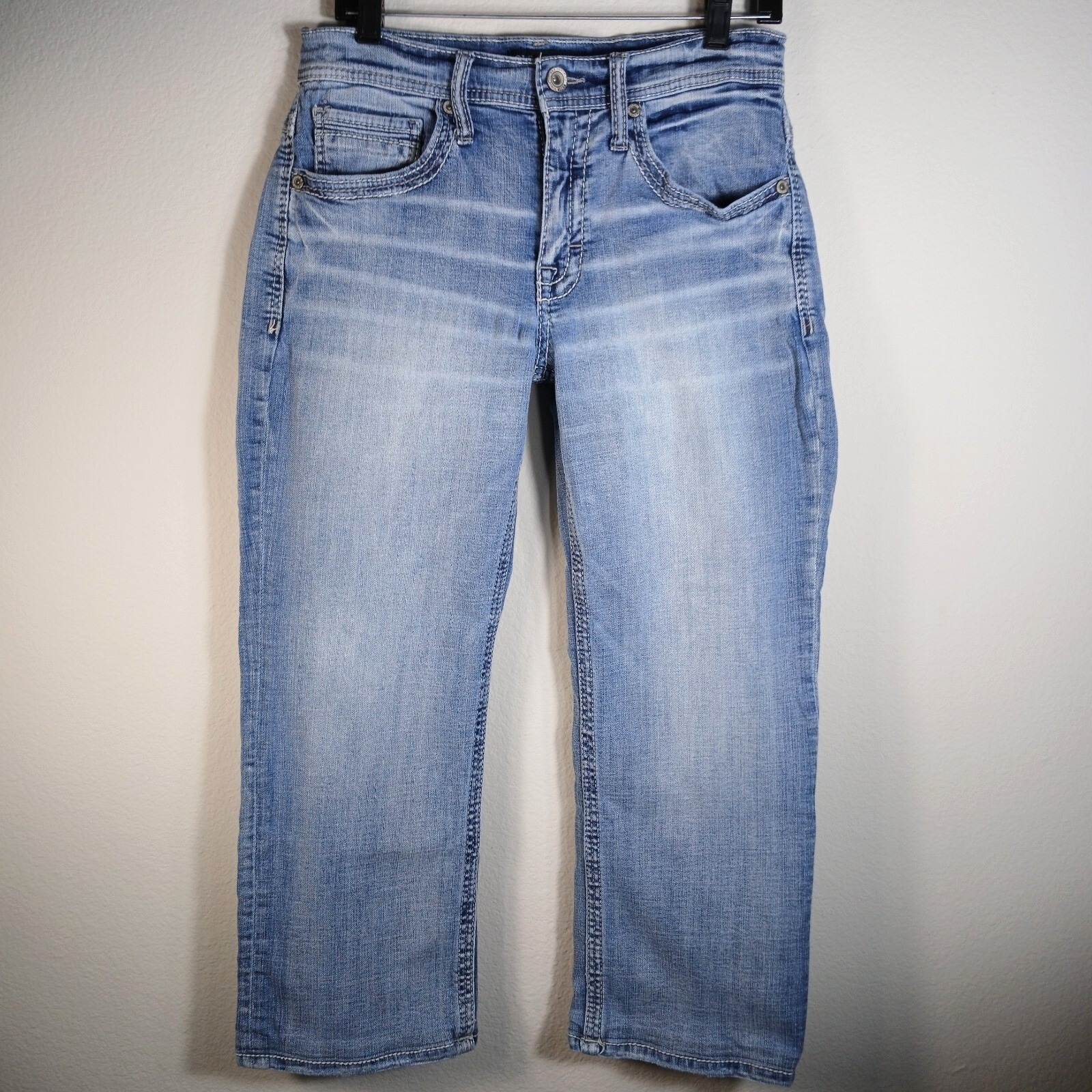 BKE Buckle Jake Straight Jeans Mens 32x30 Heavily Faded Whiskered Stretch JC73
