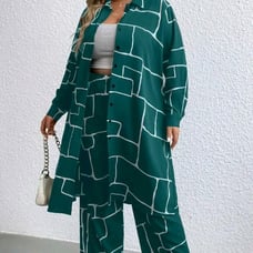 Woman Geometric Print Long Shirt Dress with wide Leg Pants with Pockets SIZE 0XL