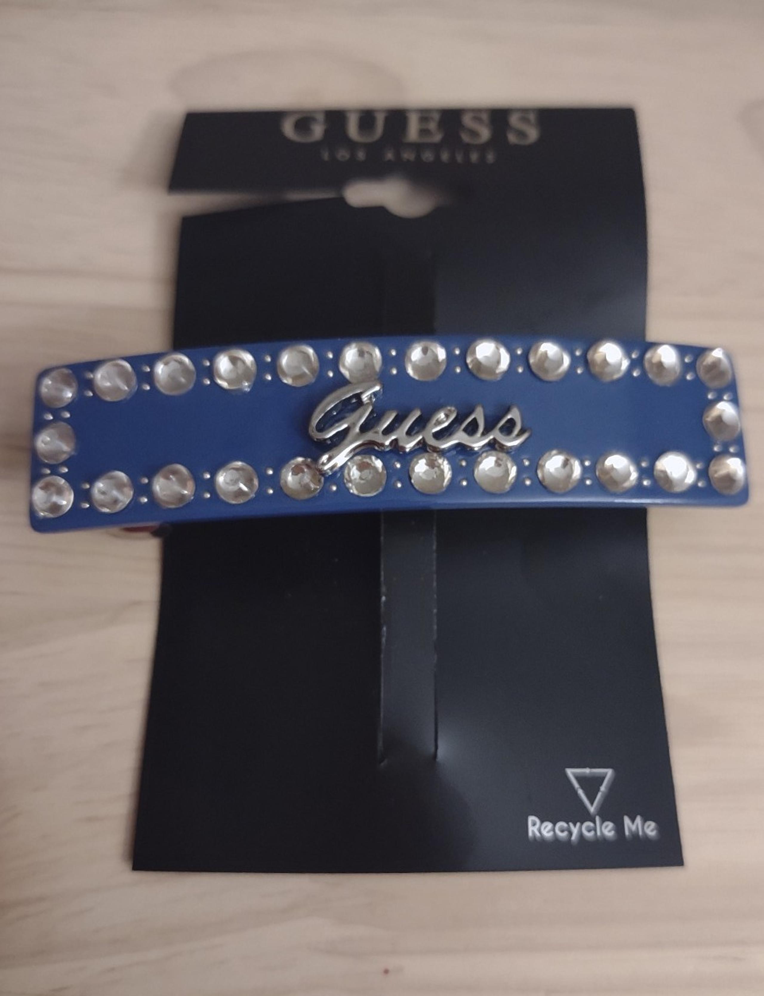 GUESS Logo Denim Blue Acrylic Crystal Rhinestone Silver Hair Clip Accessory