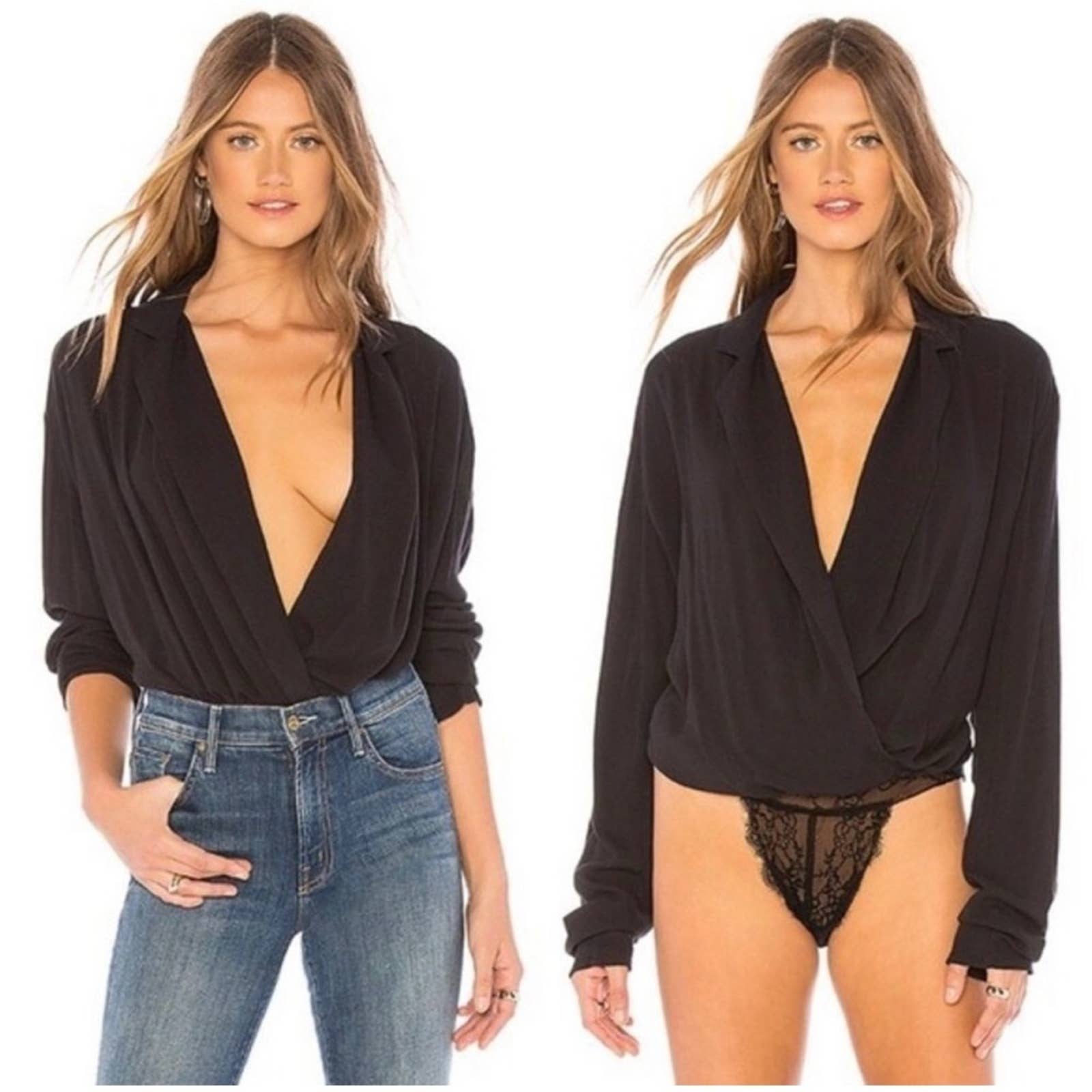 NWT Intimately Free People Black Elsa Deep V Neck Collared Bodysuit Size Medium