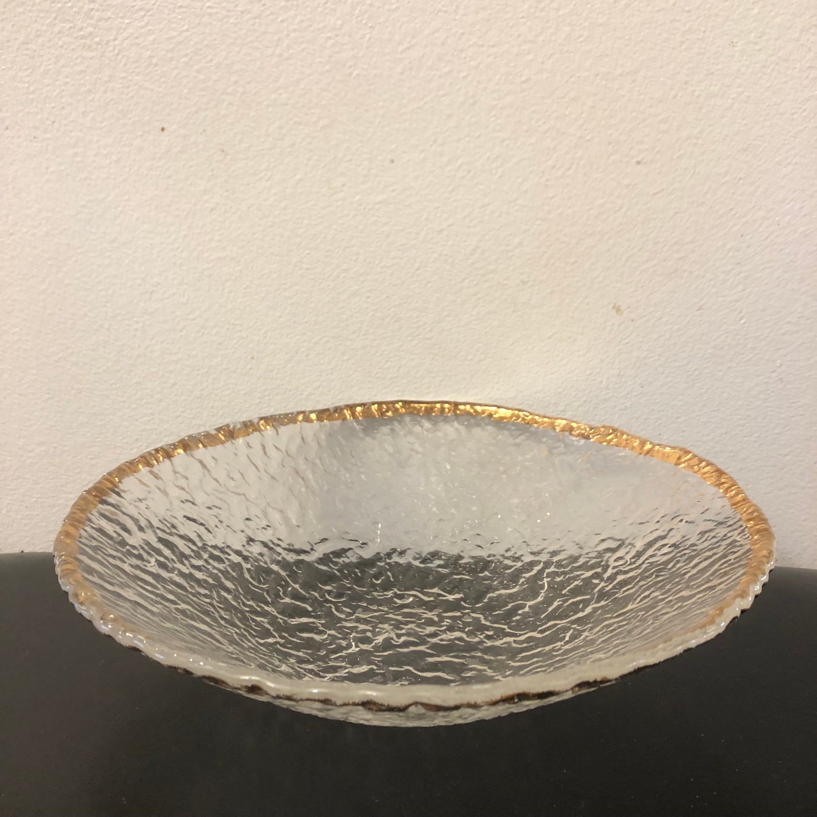 Mid Century Modern Large Glass Bowl with Gold Trim and Wavy Glass 1950s