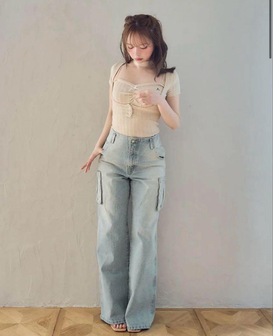 NDMARY Back ribbon denim cargo pants XS
