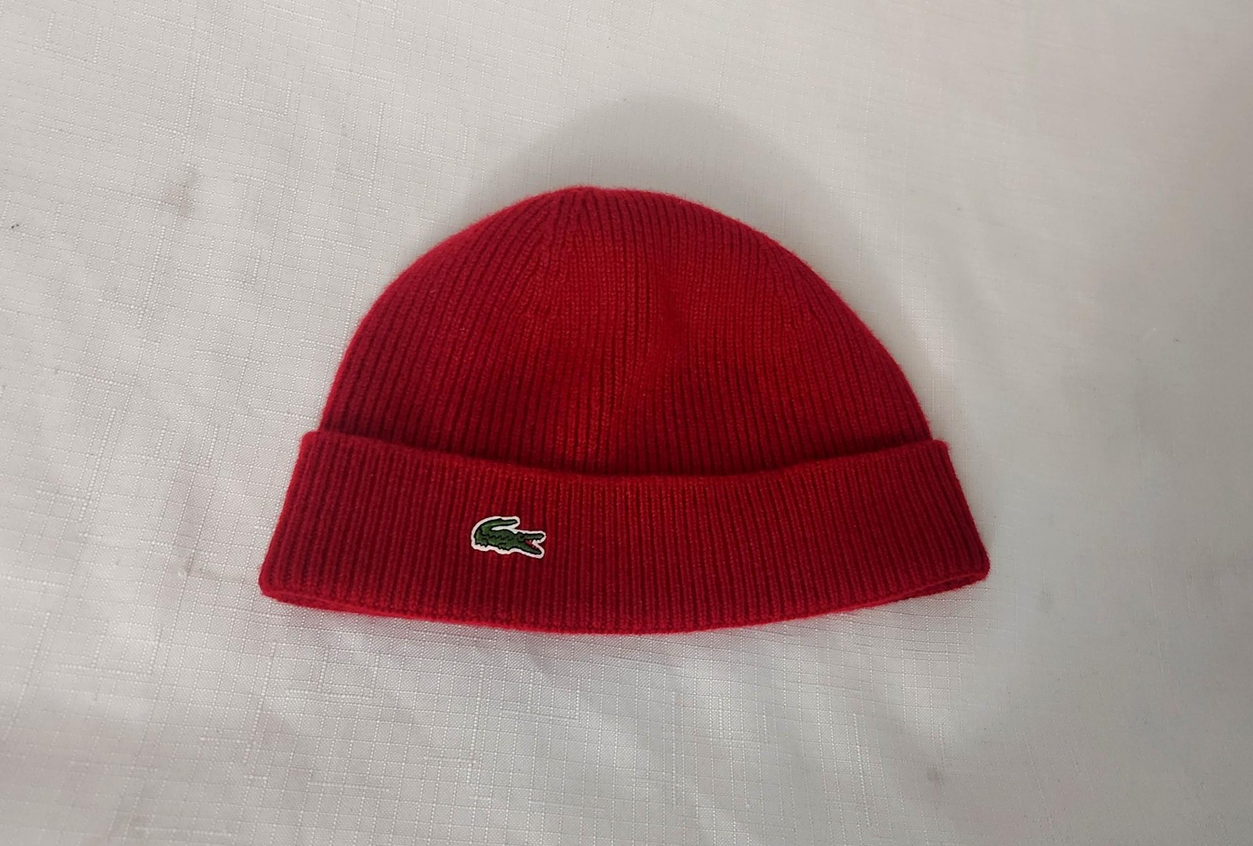 Men's Hat Red Ribbed 100% Wool Knit Logo Beanie OSFA Unisex Adult - Lacoste