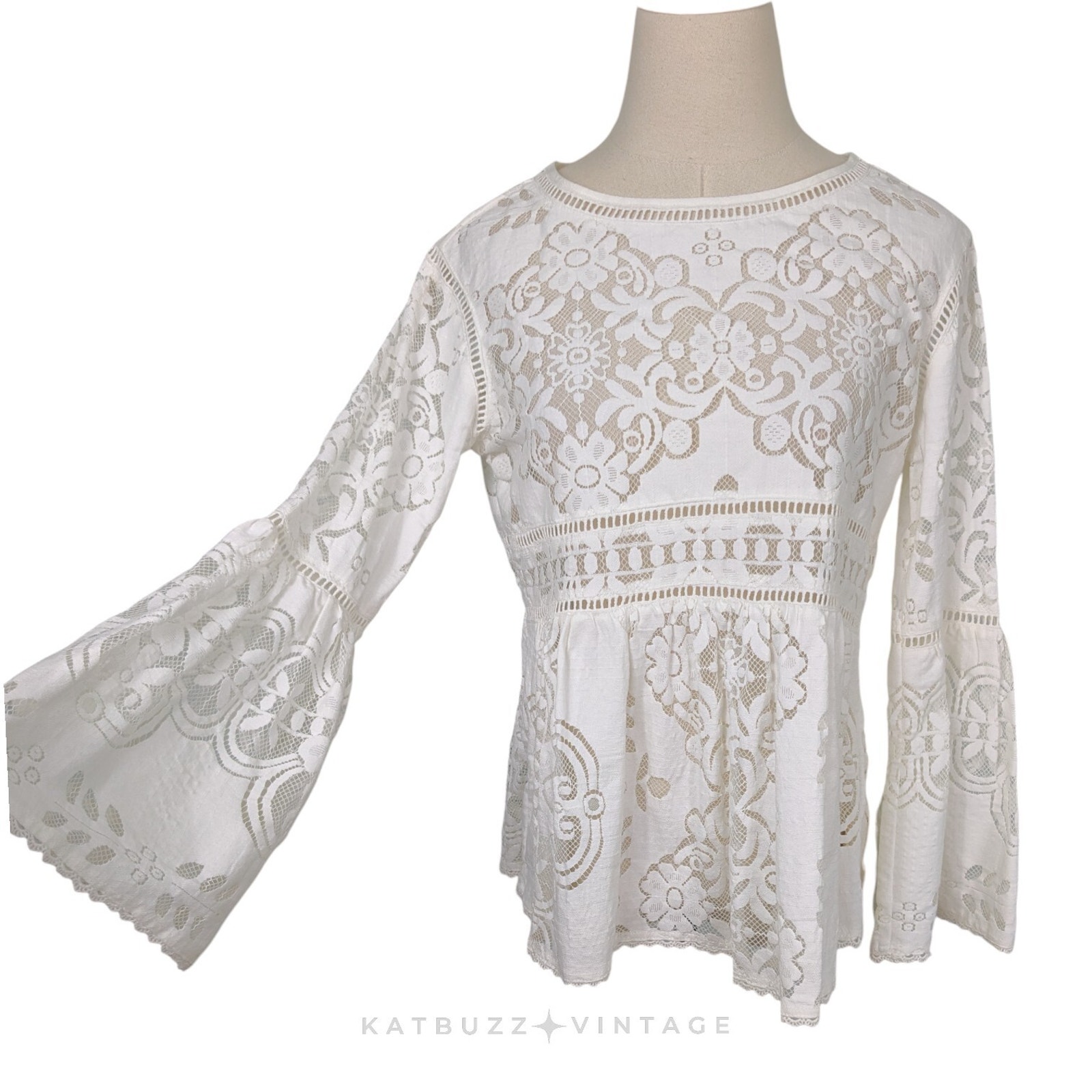 Spell Crochet Clover Lace Top Cream S Boho Hippie Floral Bell Flare Sheer Blouse