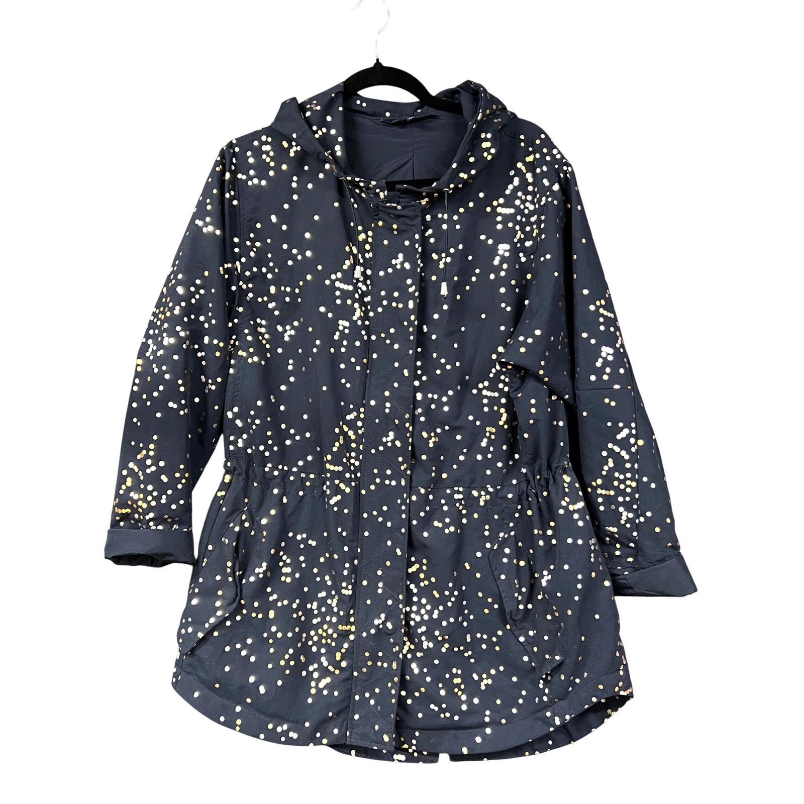 French Connection Anorak Jacket Blue Gold Hooded Drawstring Waist Lightweight 12
