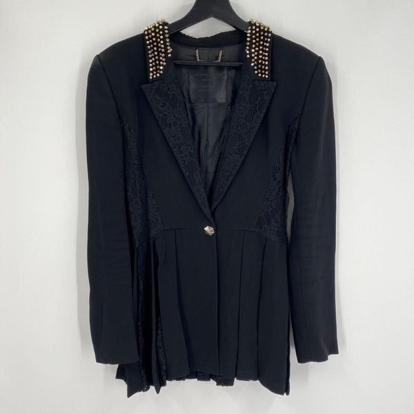 Philipp Plein Women’s Pleated Hemline Black Lace Detail 1 Button Blazer Jacket M