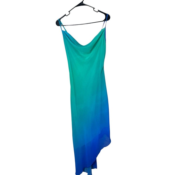 Bebe Asymmetrical Ombre Green Blue Dress Spaghetti Straps Drape Neck Womens XS