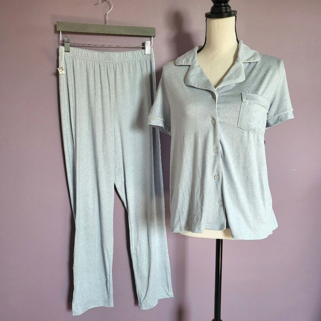 NWT Medium Nine West Blue Jersey Short Sleeve Collared Button Down Pajama Set