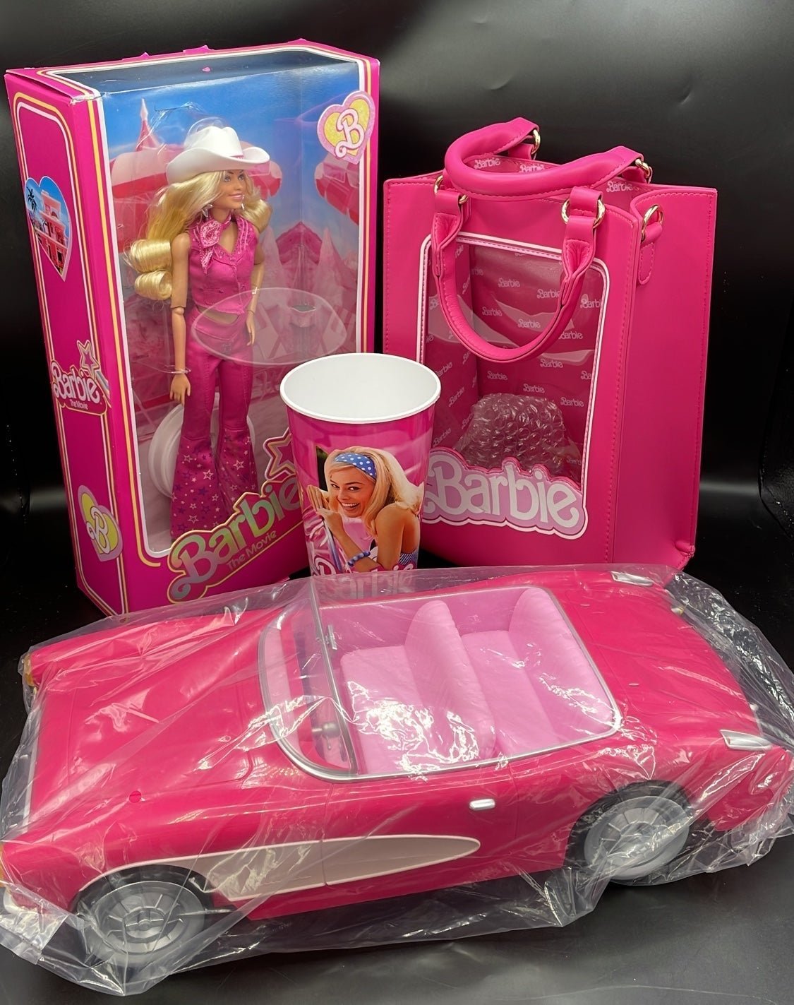 Barbie Movie Bundle- popcorn bucket, dolls, cup, cakeworthy bag