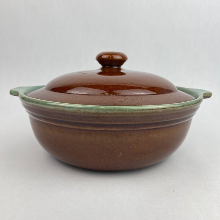 Vintage 1960s Carbone Country Fare 2.5 QT Covered Casserole Dish Brown Green