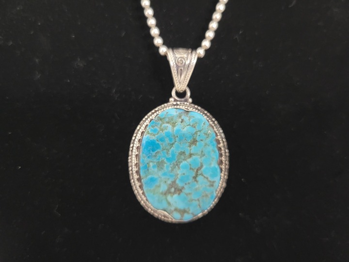 Ornate Turquoise Pendant Necklace 925 Sterling Silver 30" Beaded Chain 1.85" Drp