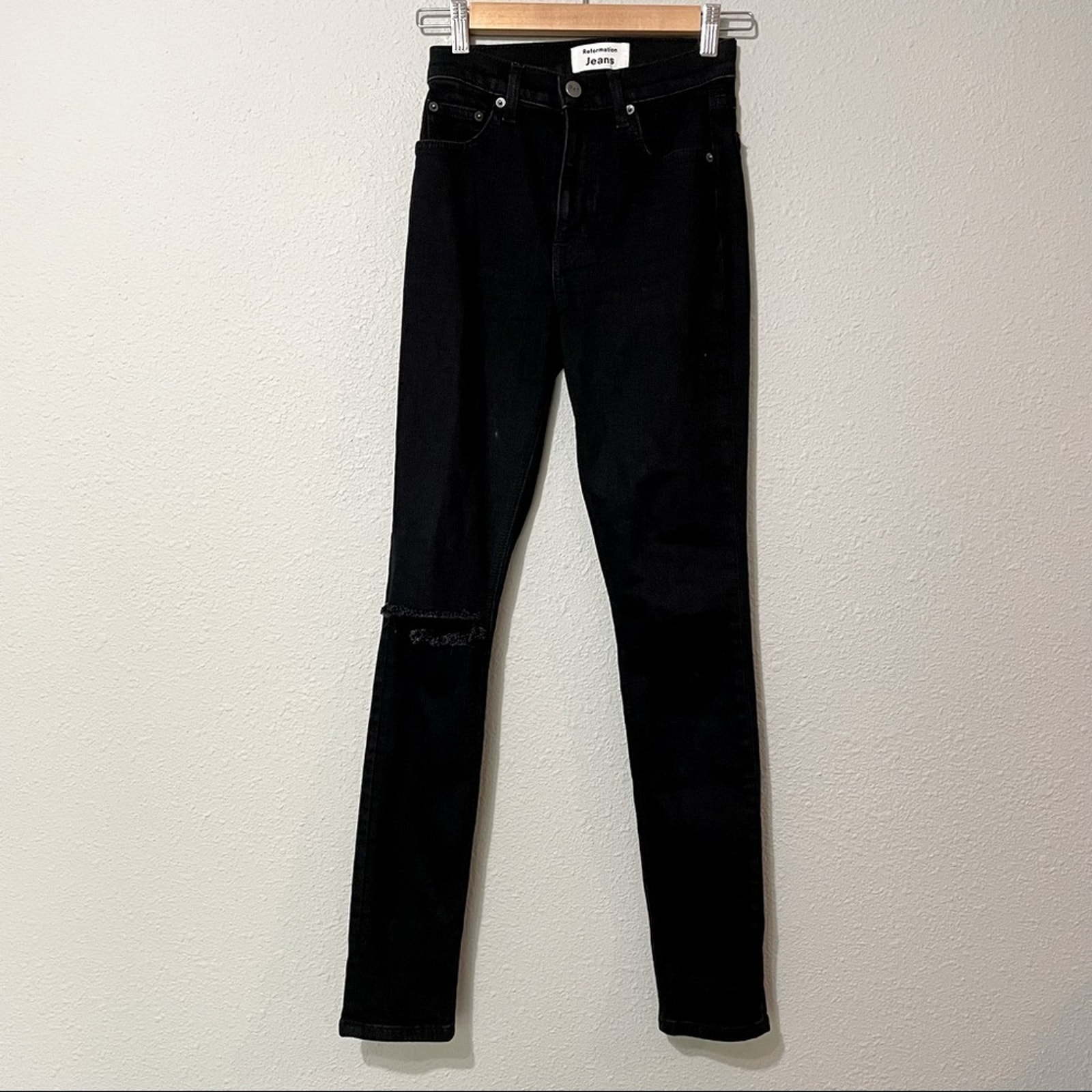 Reformation Black High Rise Skinny Jeans Distressed Womens 23 Denim Casual Fall