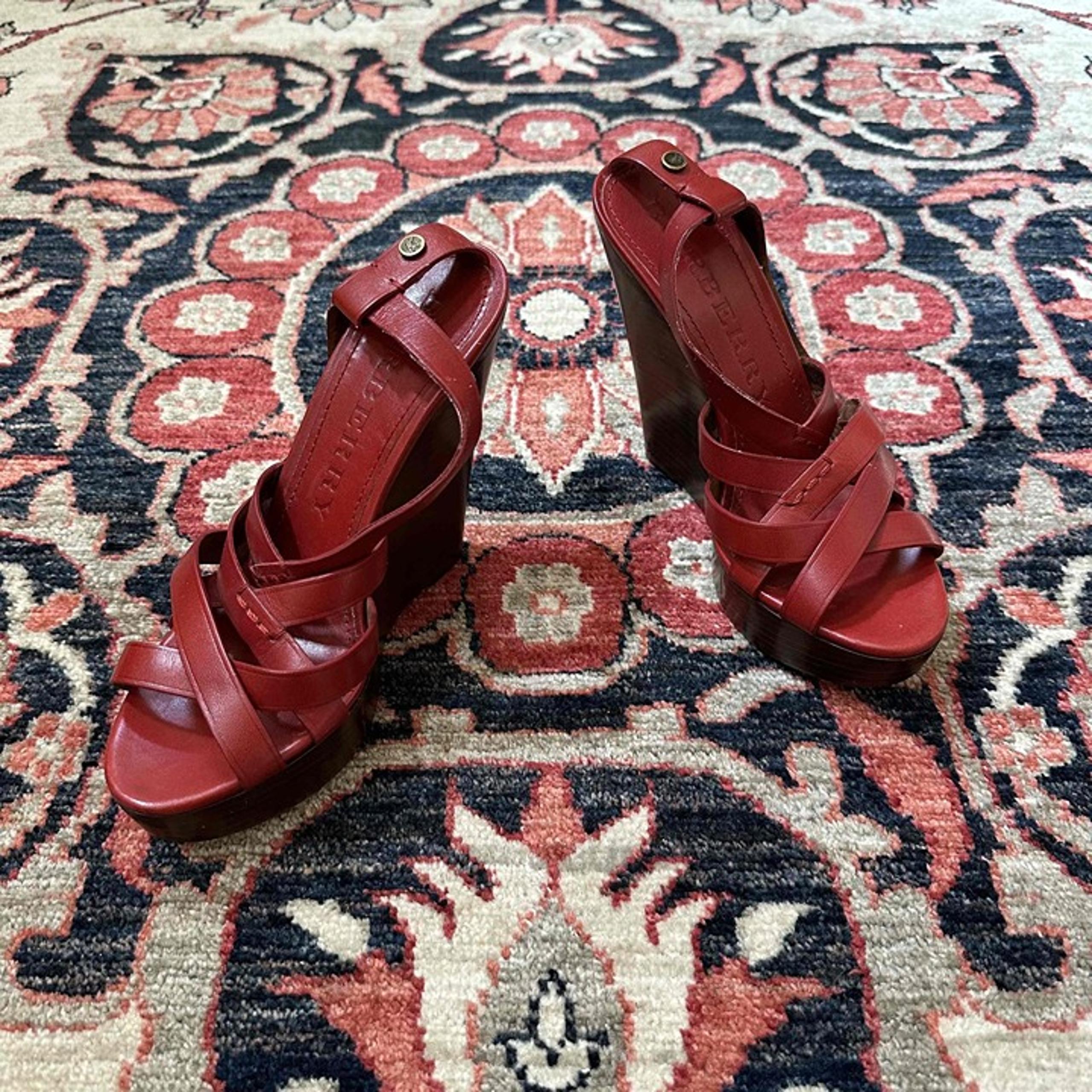 Burberry Red Leather Open Toe Ankle Strap Wedge Sandals