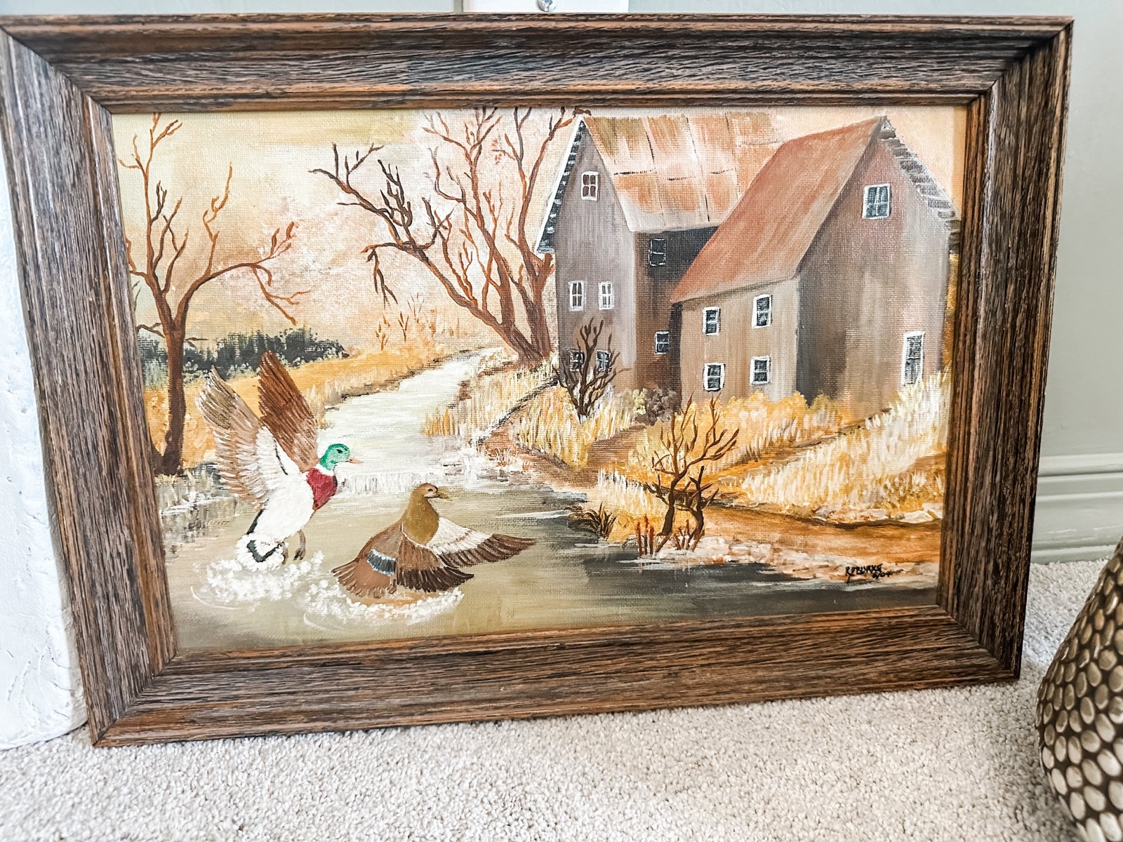SIGNED Oil Painting of Geese on Farm