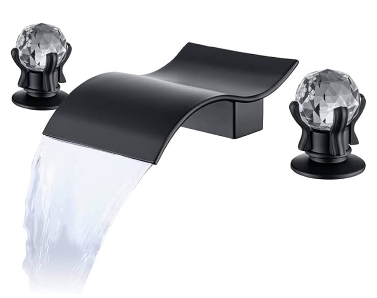 Waterfall Bathroom Sink Faucet Set Two Crystal Knob Handles Modern Vanity Black