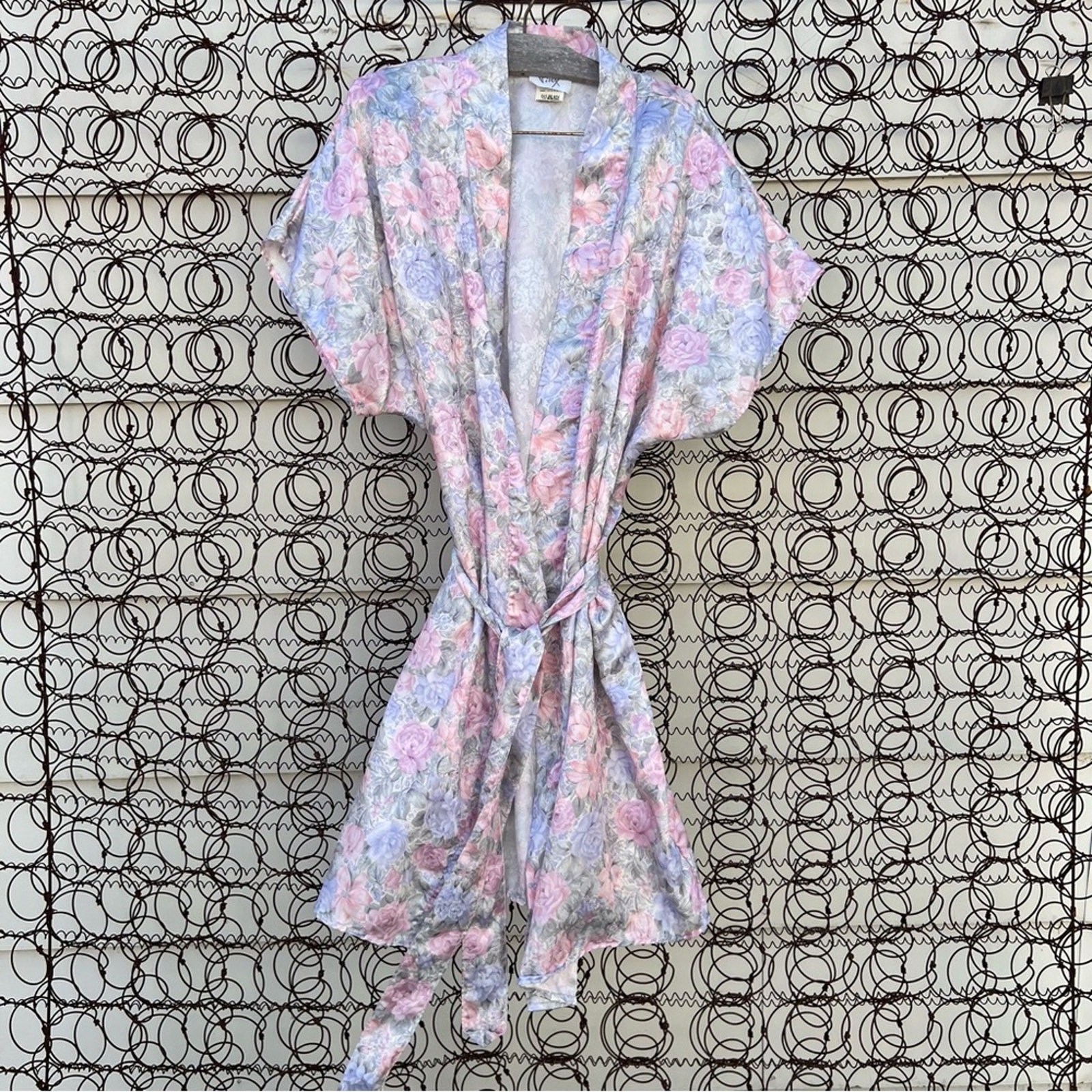 Vintage 90s Pinx pastel blue pink floral slinky short bathrobe 2X PLUS VOLUP
