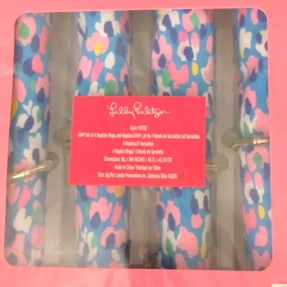 Lilly Pulitzer 4 Napkins & Gold Bamboo Rings / Hostess Gift
