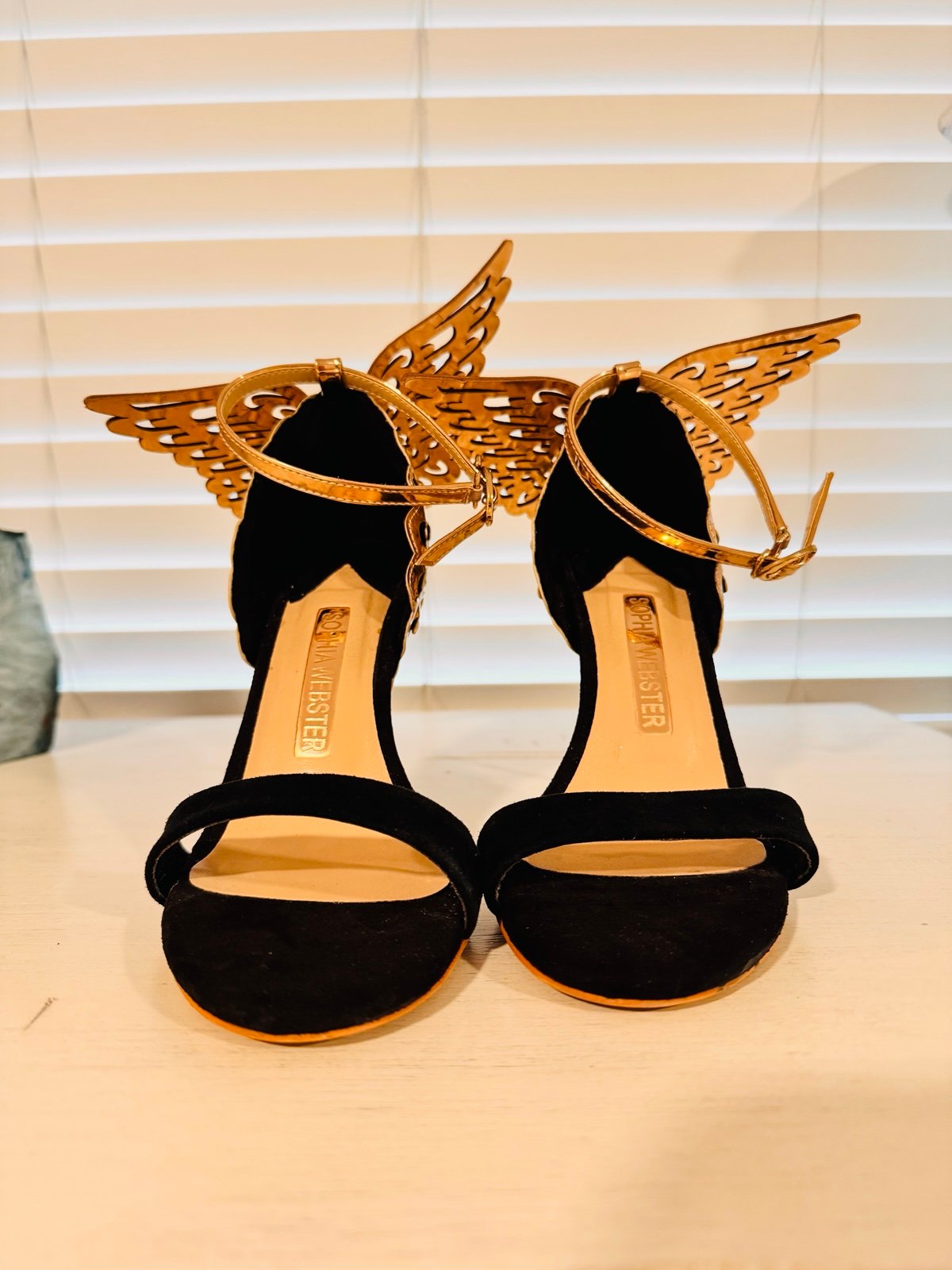 Sophia Webster rose gold wing heels