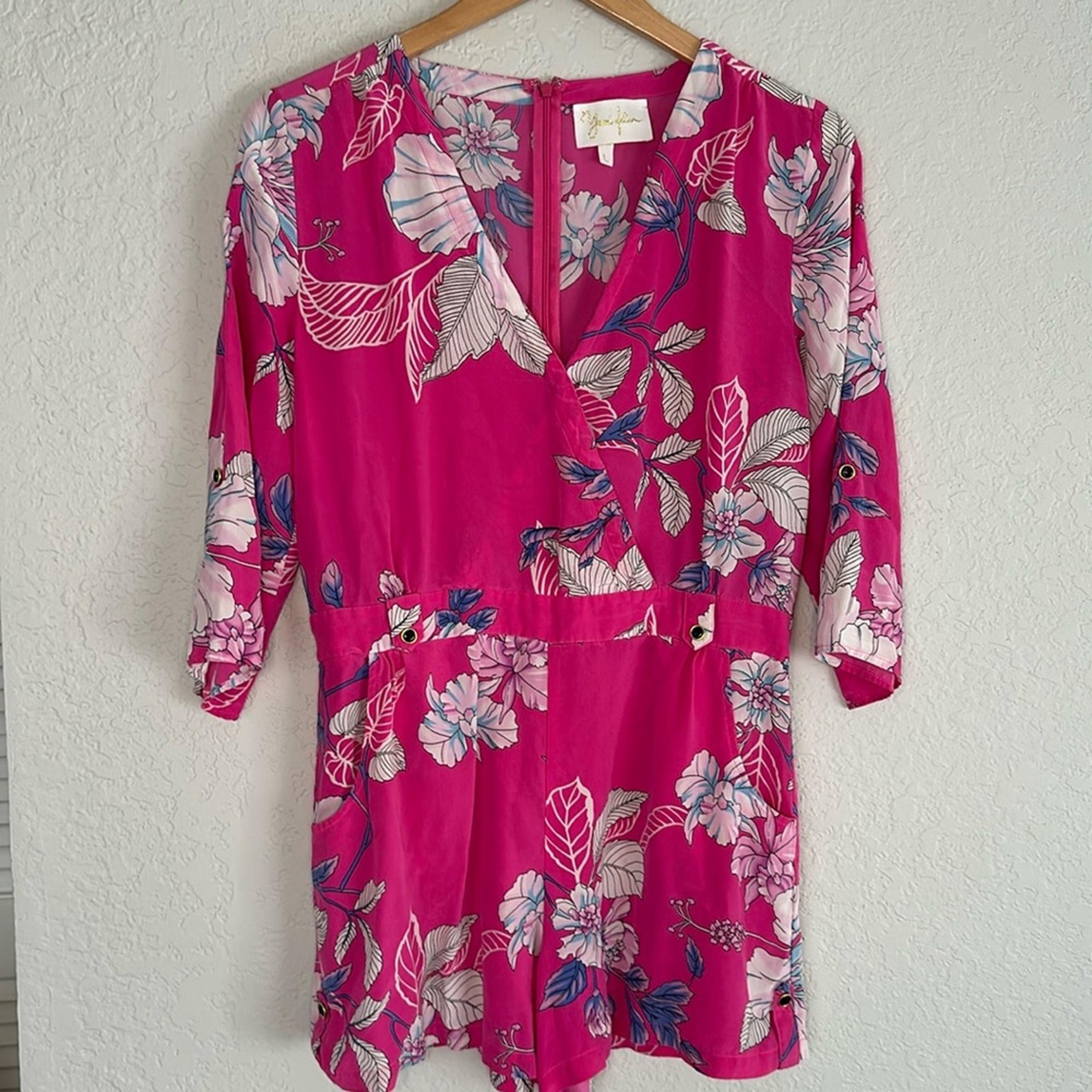 Yumi Kim Pink Floral Romper 100% Silk Colorful Tropical Vacation Resortwear