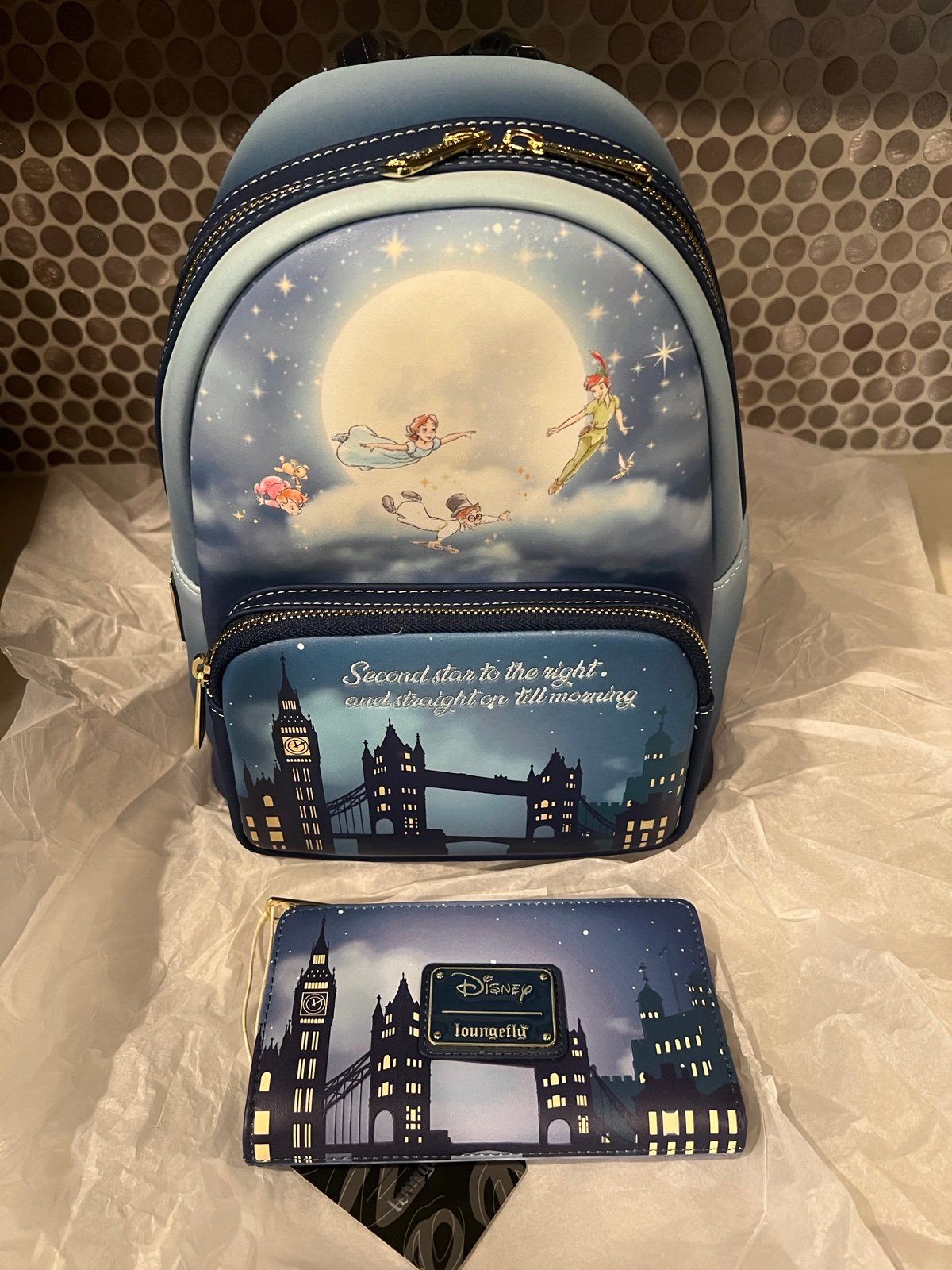 Disney/loungefly Peter Pan 2nd star to the right backpack with matching wallet