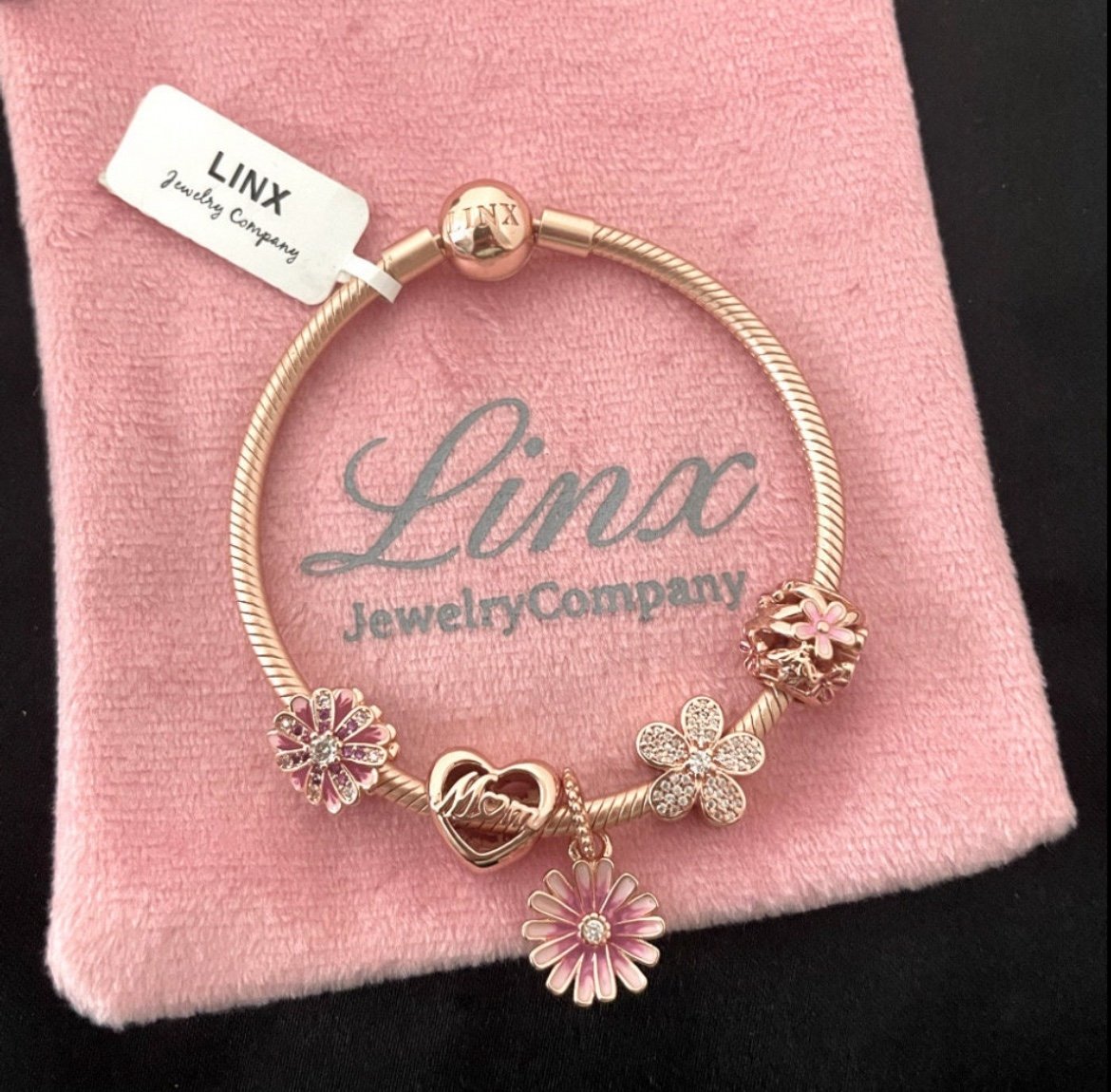 Linx Rose Gold Snake Chain Bracelet with Rose Gold and Pink Mom Themed Charms