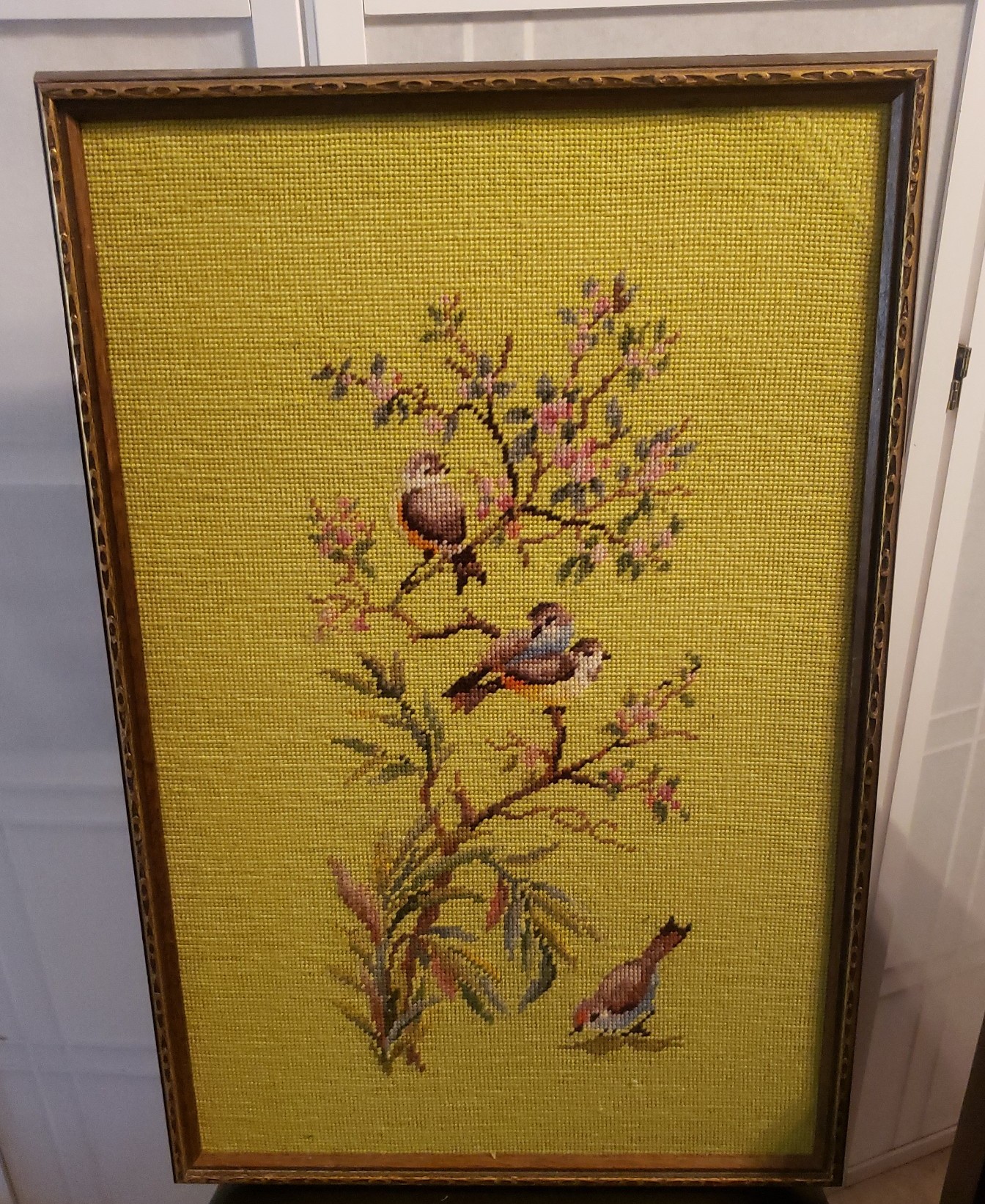 Vintage Framed Flowers & Sparrows Needle point 16X25 incased in Frame