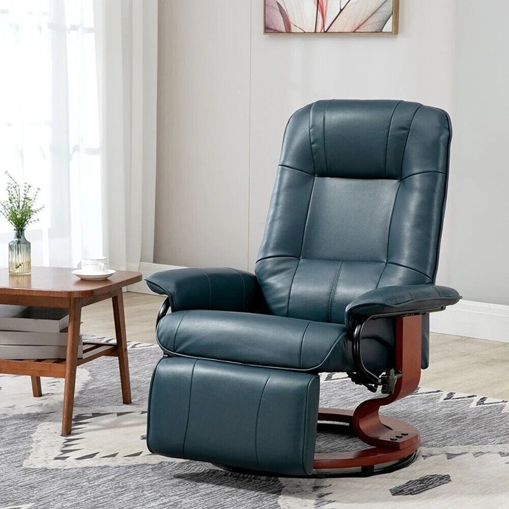 Adjustable Manual Swivel Base Recliner Chair with Extending Footrest in Blue