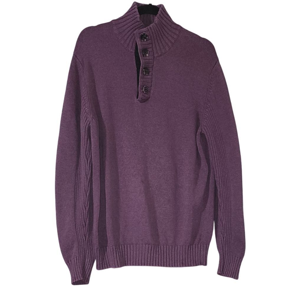 Sean John Purple Mock Neck Sweater Button Collar Ribbed Knit Pullover XL