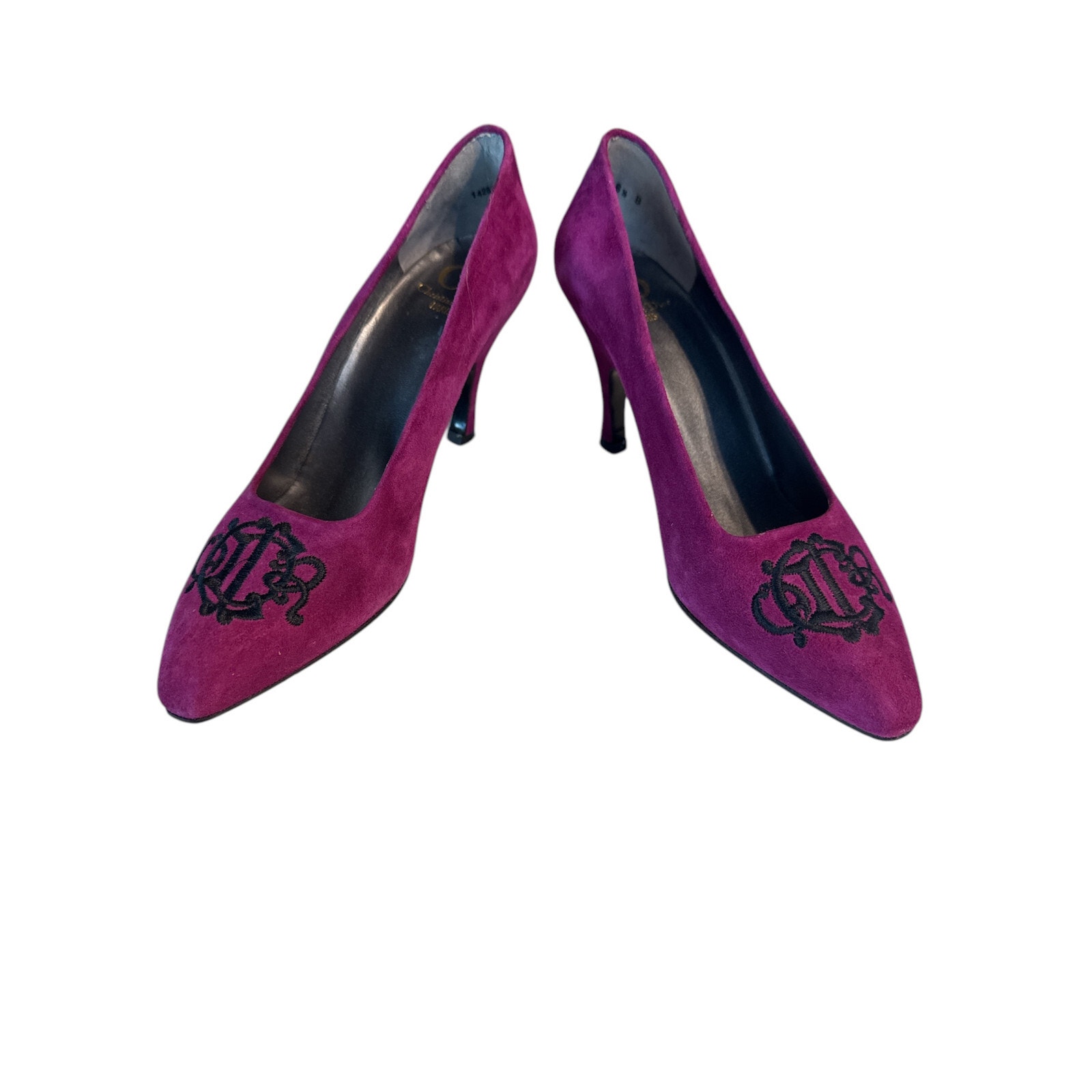 Vintage CHRISTIAN Dior SUEDE Raspberry Embroidered Logo HEEL PUMPS SZ 6.5