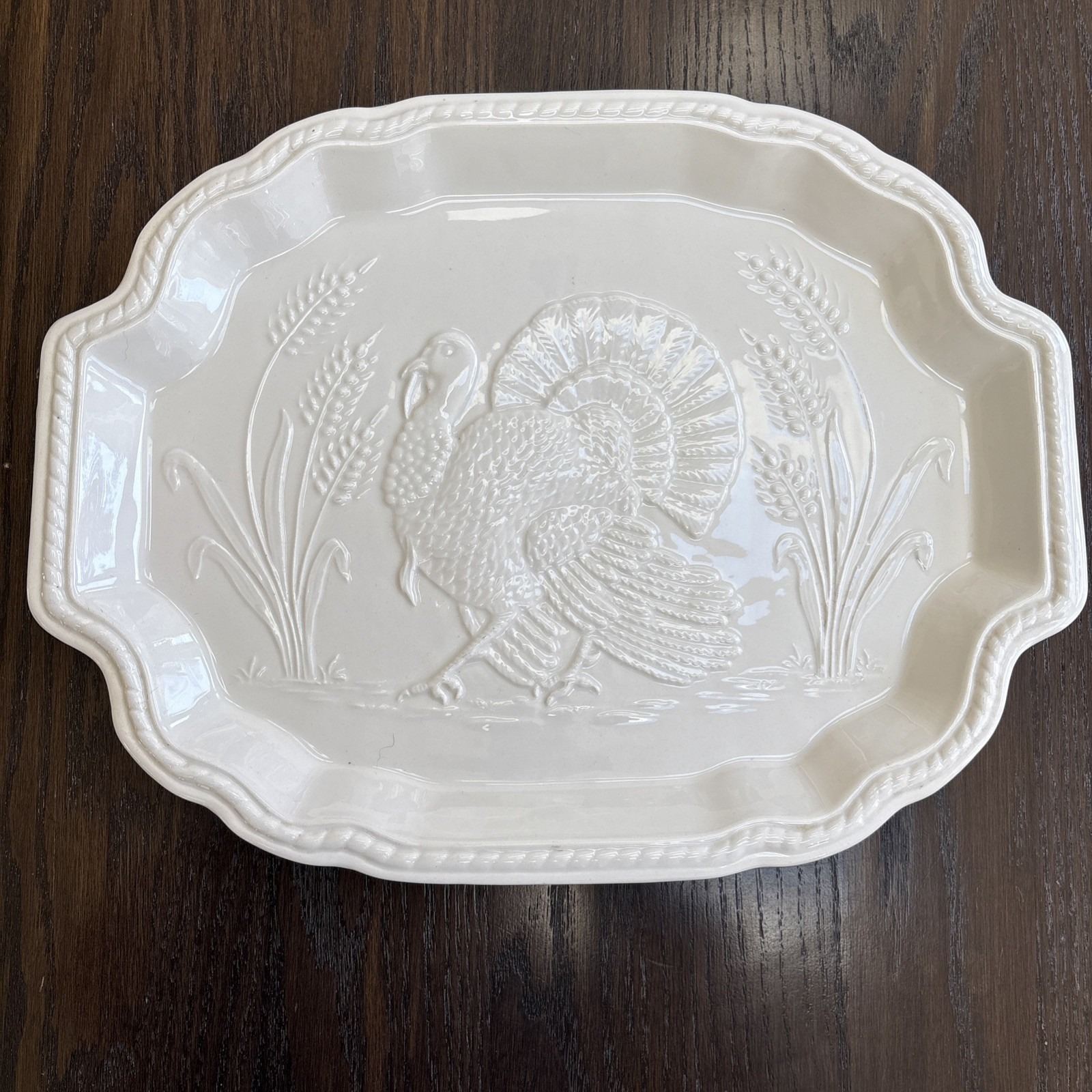 Wild Turkey Thanksgiving Serving Platter Cream Ceramic 18x14 Holiday USA